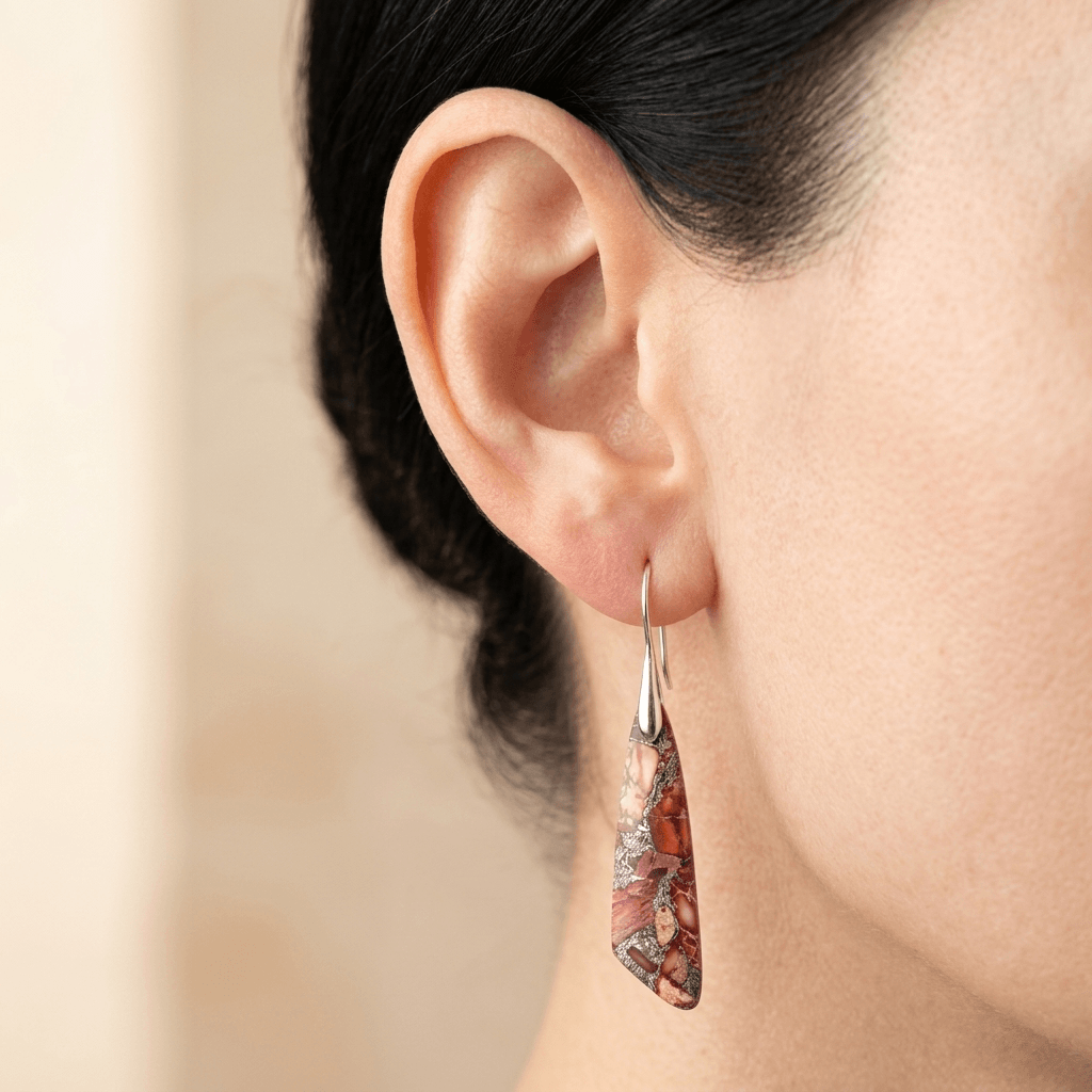 Red Regalite Stone Silver Teardrop Earrings