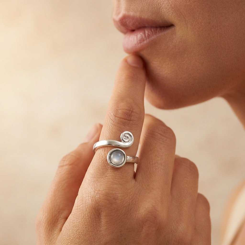 Vintage Silver Spiral Round Moonstone Ring