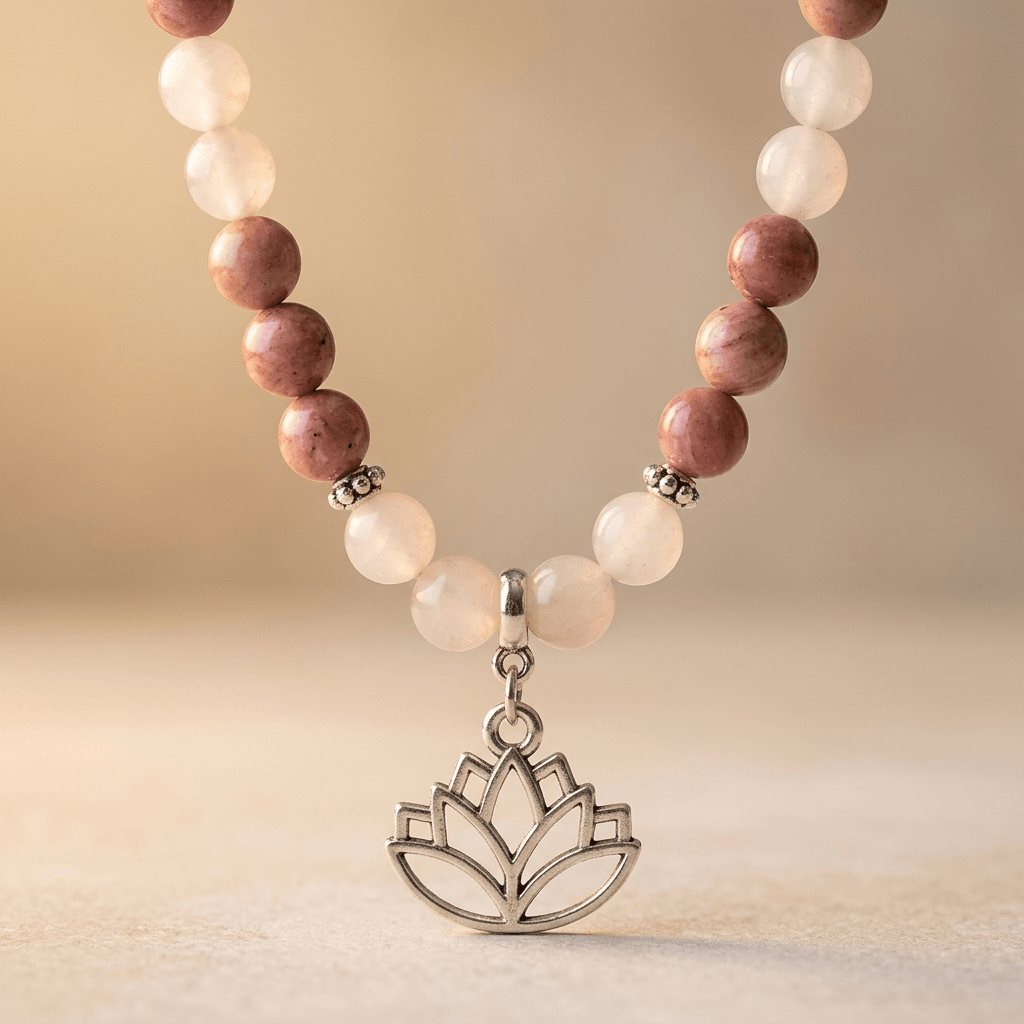Rhodonite Rose Quartz Lotus Pendant Necklace