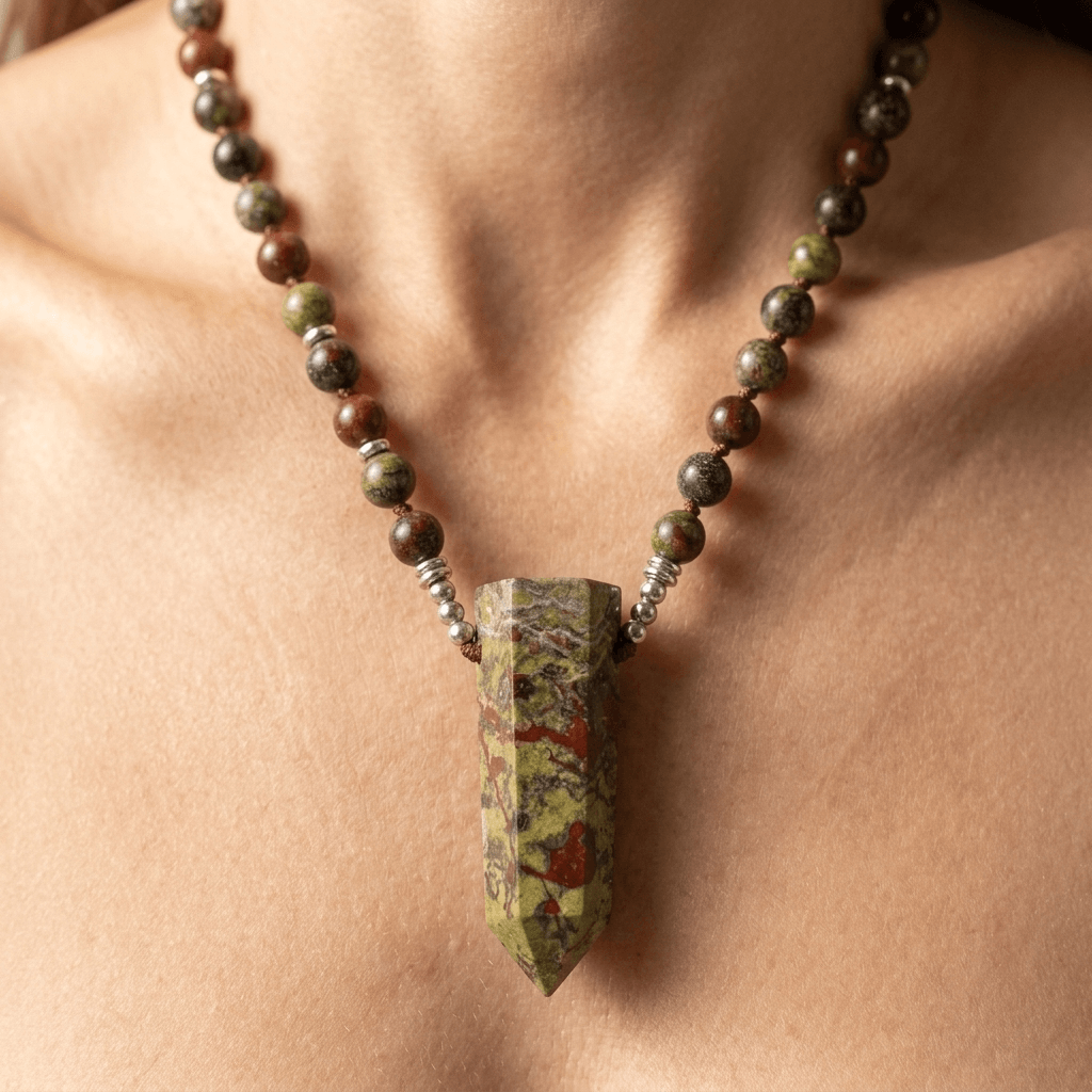 Natural Dragon Blood Jasper Beaded Point Pendant Necklace