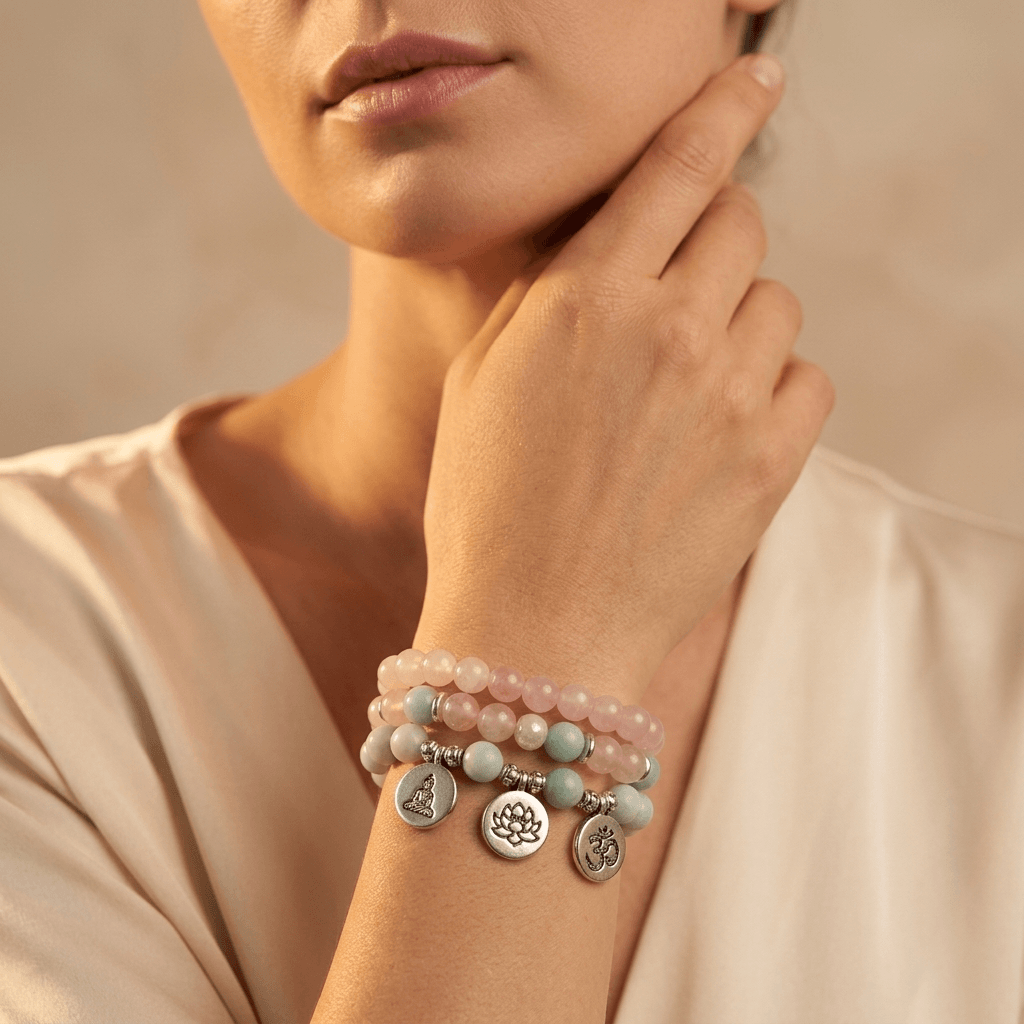 Rose Quartz Amazonite Silver Charm Bracelets