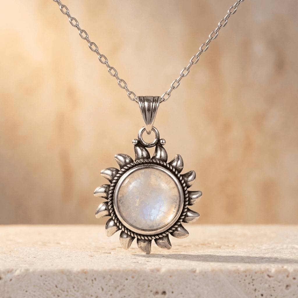 Sterling Silver Moonstone Sun Pendant Necklace