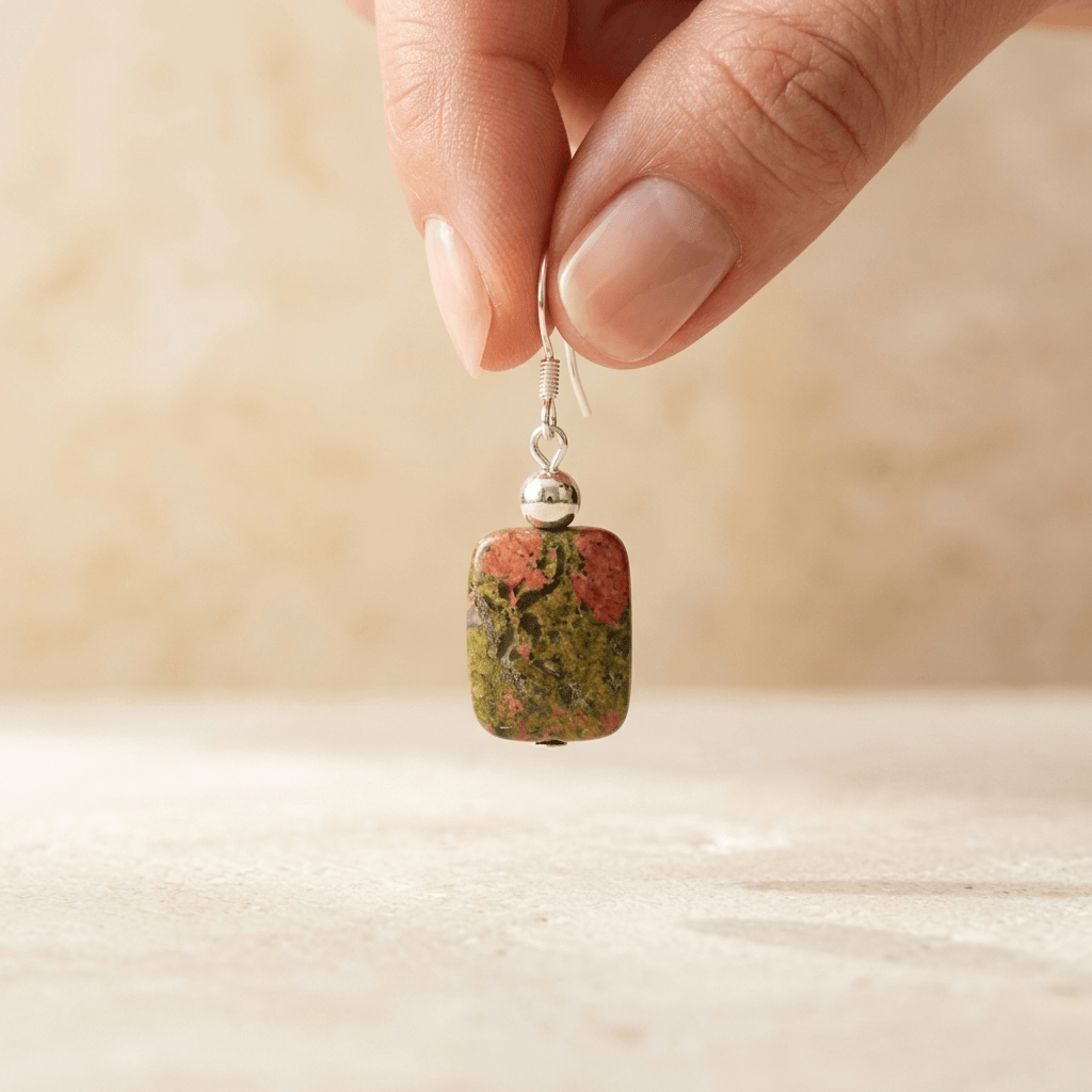 Natural Unakite Silver Square Drop Earrings