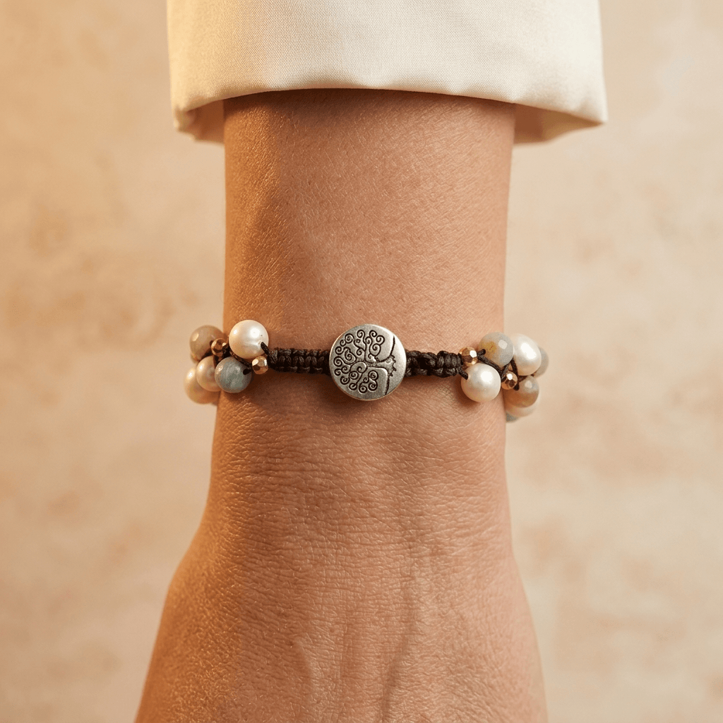 Natural Pearl Amazonite Silver Tree Bracelet