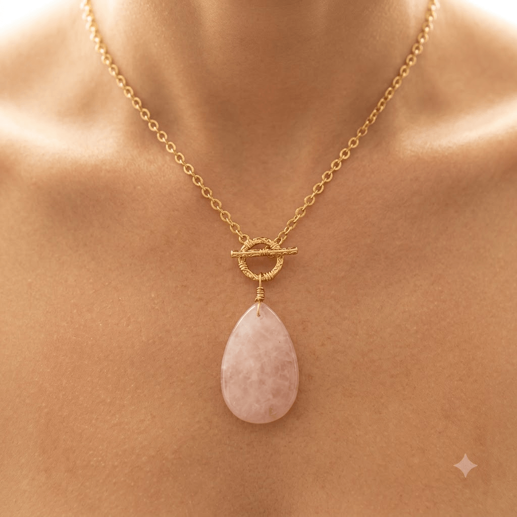 Rose Quartz Teardrop Gold Toggle Necklace