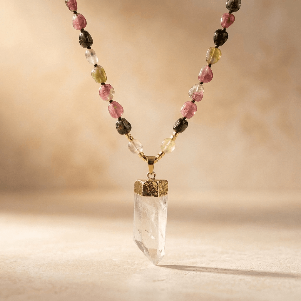 Natural Tourmaline Clear Quartz Gold Pendant Necklace