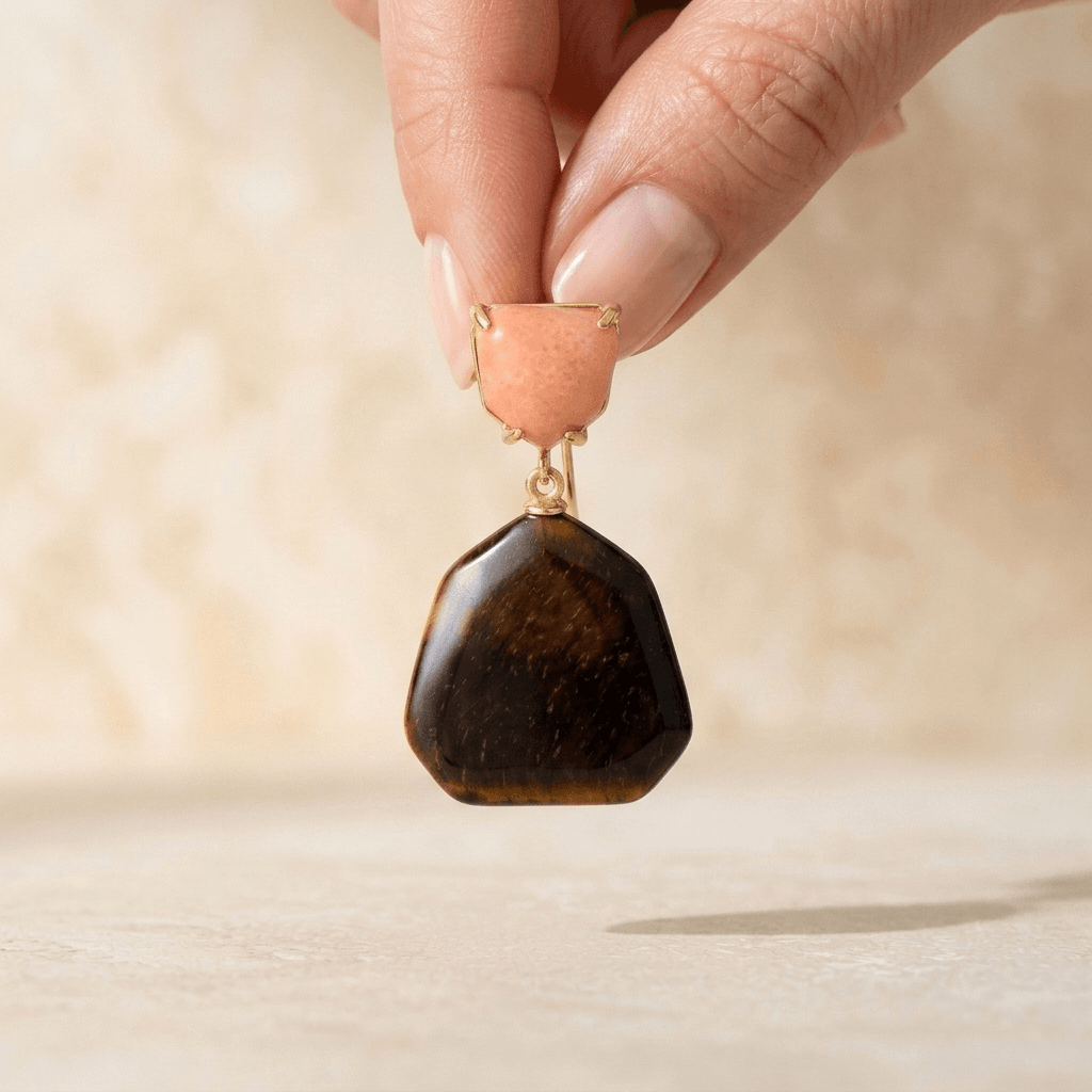 Tiger Eye Peach Stone Gold Drop Earrings