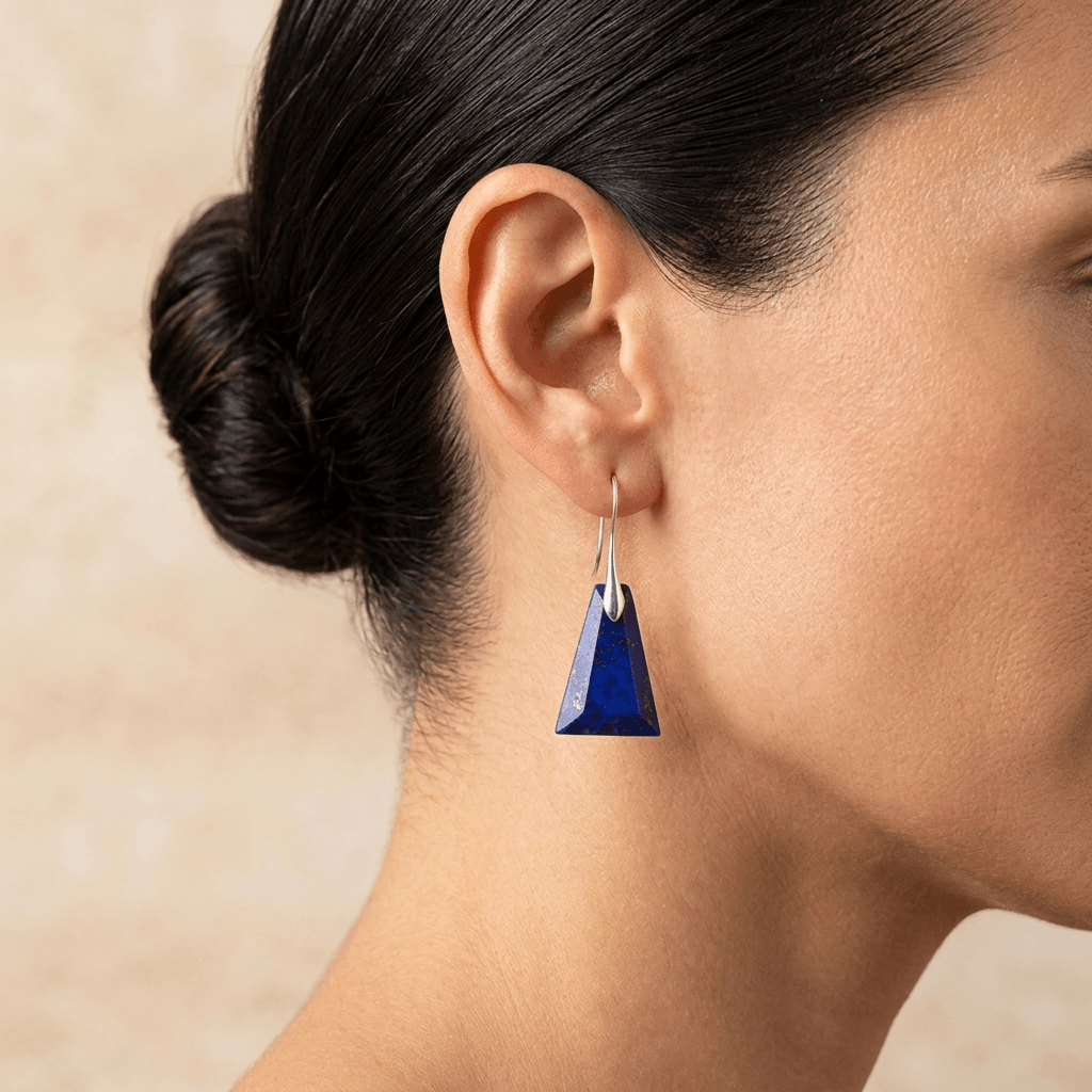 Natural Lapis Lazuli Silver Pyramid Earrings