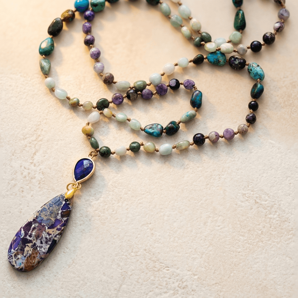 Multistone Gold Beaded Teardrop Pendant Necklace