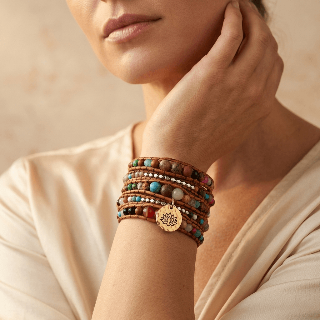 Handmade Natural Gemstone Leather Wrap Bracelet