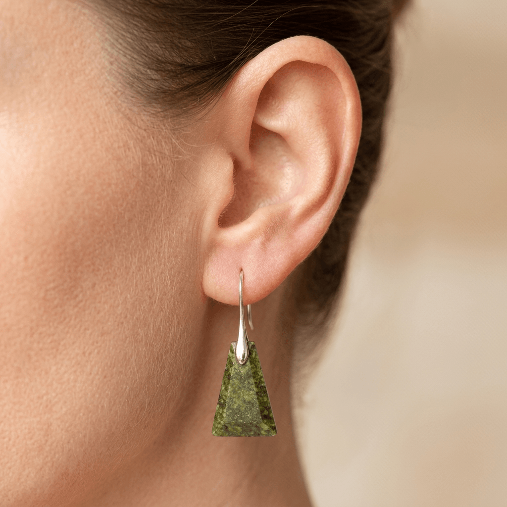 Natural Green Jasper Pyramid Silver Earrings