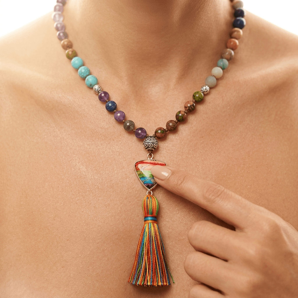 Chakra Gemstone Silver Rainbow Tassel Necklace