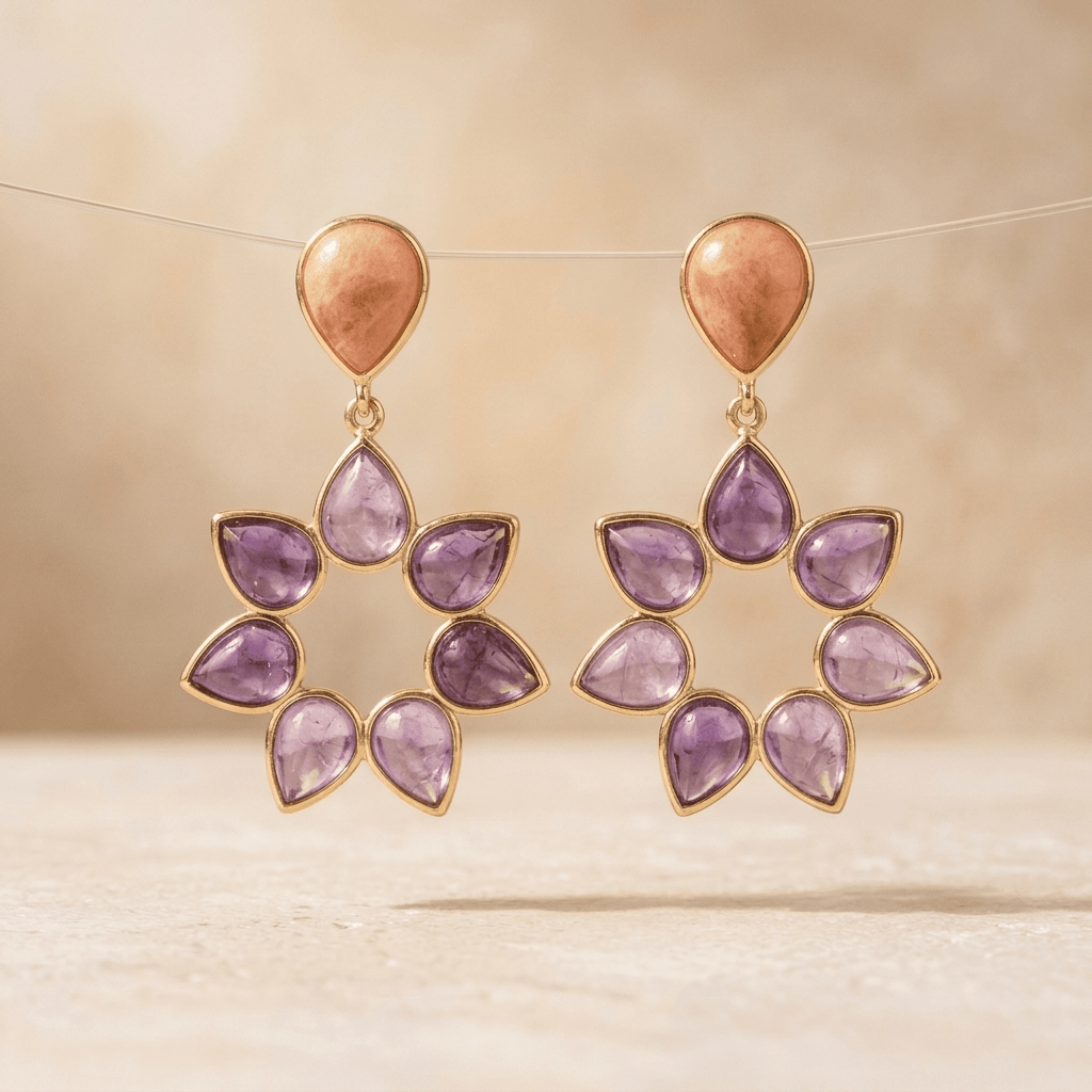 Gold Purple Amethyst Flower Drop Earrings
