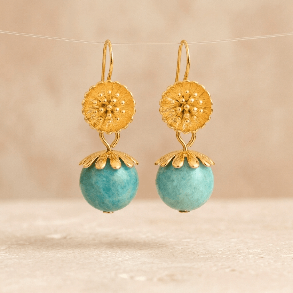 Gold Amazonite Daisy Flower Drop Earrings