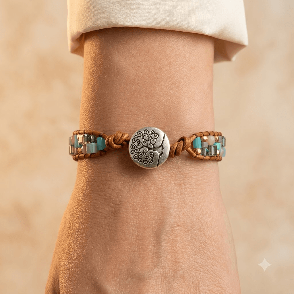 Boho Beaded Leather Tree of Life Wrap Bracelet