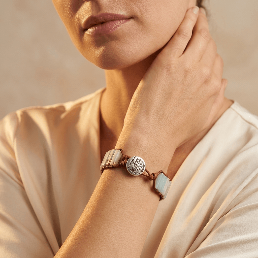 Amazonite Stone Silver Tree Of Life Leather Bracelet