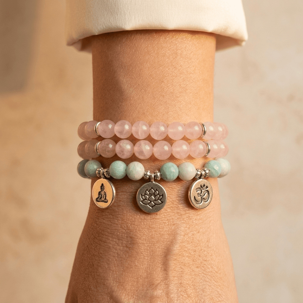 Rose Quartz Amazonite Silver Charm Bracelets