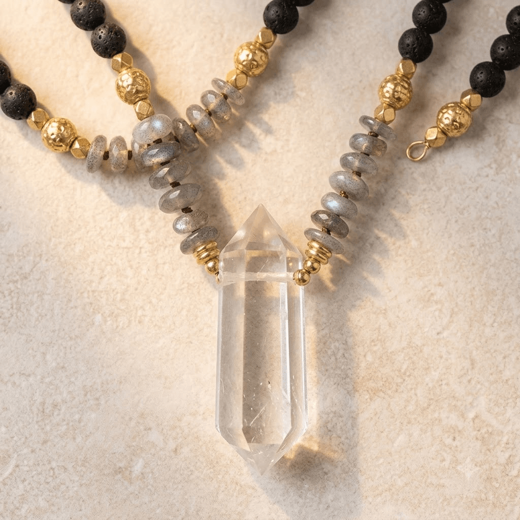 Natural Labradorite Lava Gold Pendant Necklace