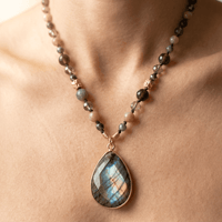 Labradorite Strawberry Quartz Gold Teardrop Necklace