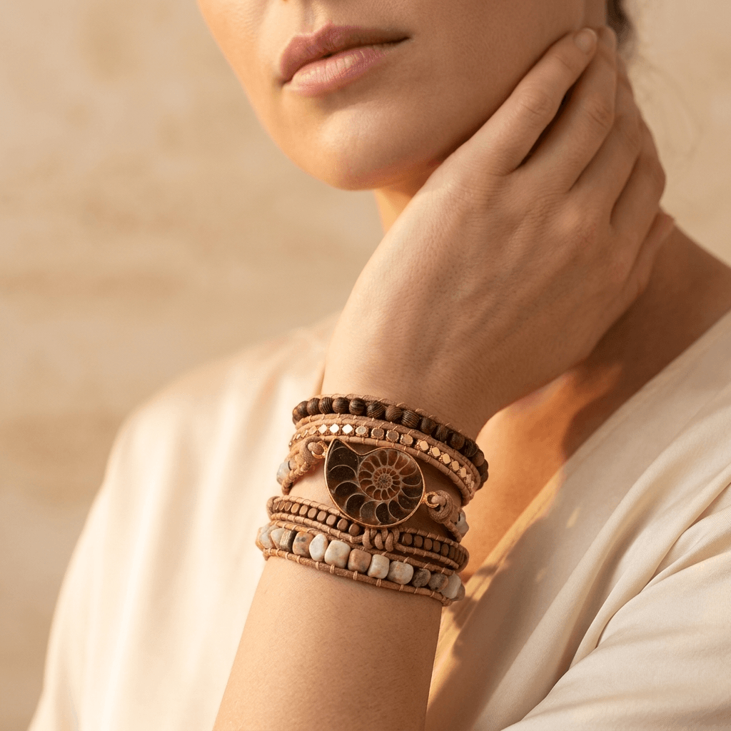 Natural Ammonite Fossil Leather Wrap Bracelet