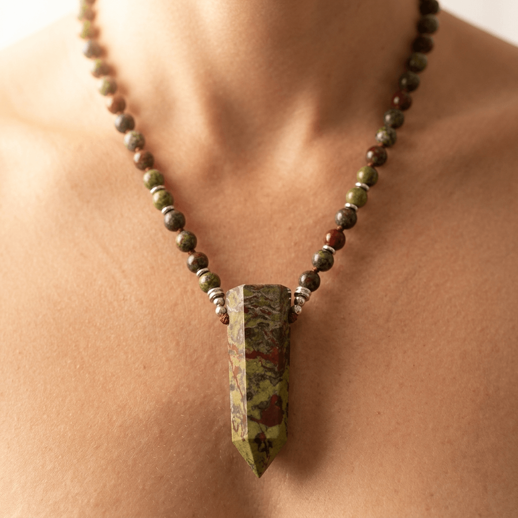 Natural Dragon Blood Jasper Beaded Point Pendant Necklace