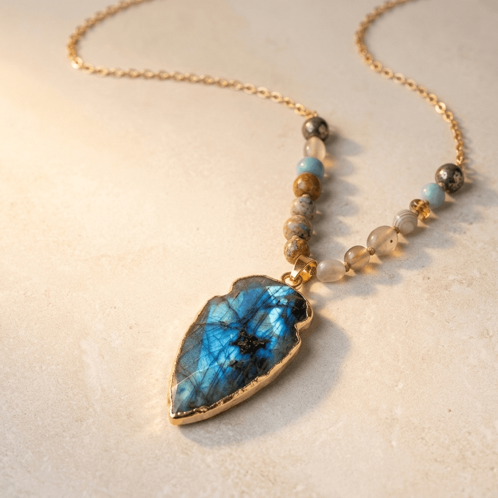 Handmade Labradorite Arrowhead Gold Pendant Necklace
