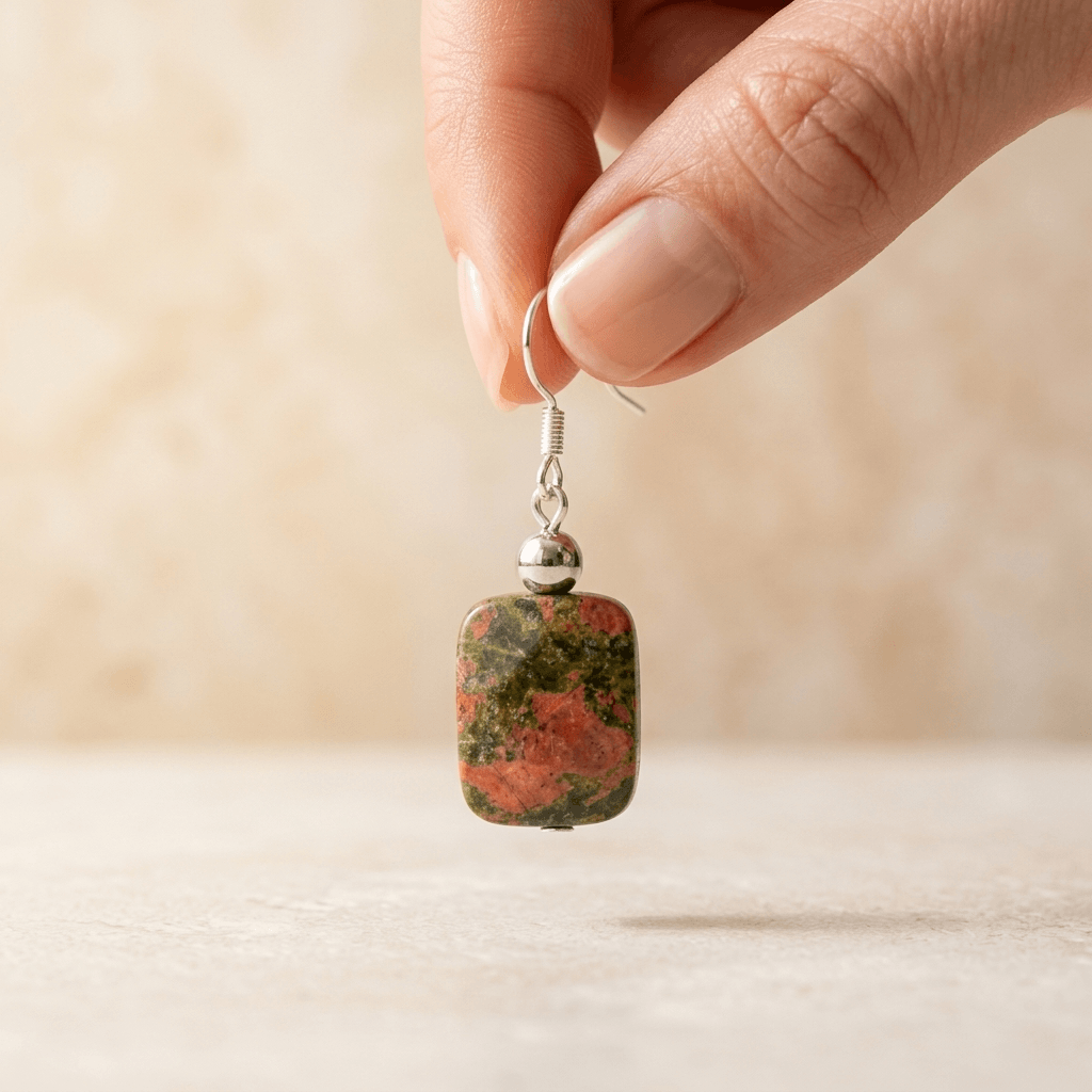 Natural Unakite Square Silver Drop Earrings