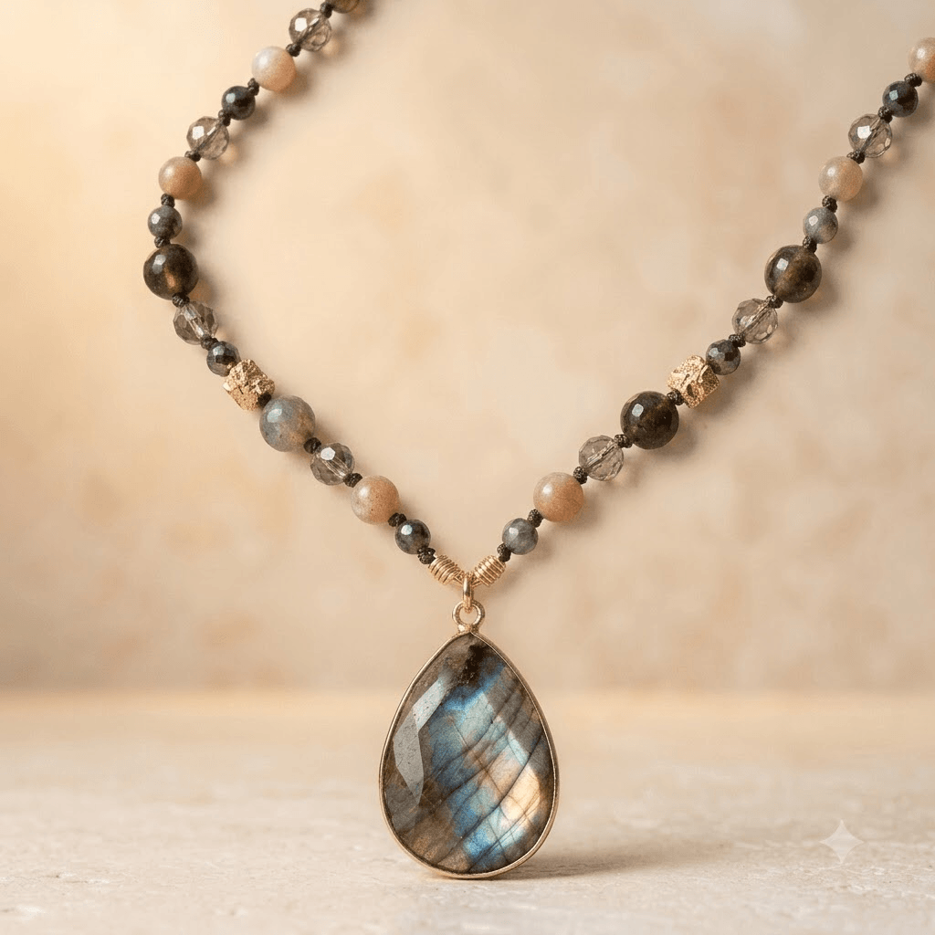 Labradorite Strawberry Quartz Gold Teardrop Necklace