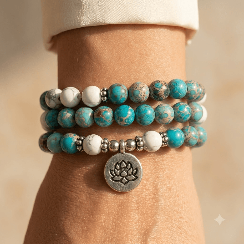 Turquoise Jasper White Howlite Lotus Charm Bracelet