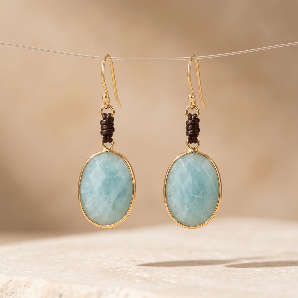 Natural Amazonite Oval Gold Drop Earrings