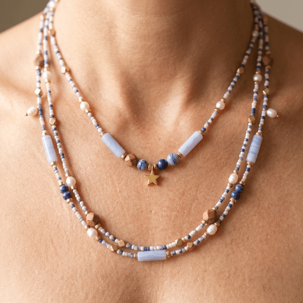Blue Sodalite Pearl Gold Beaded Necklace