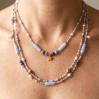 Blue Sodalite Pearl Gold Beaded Necklace