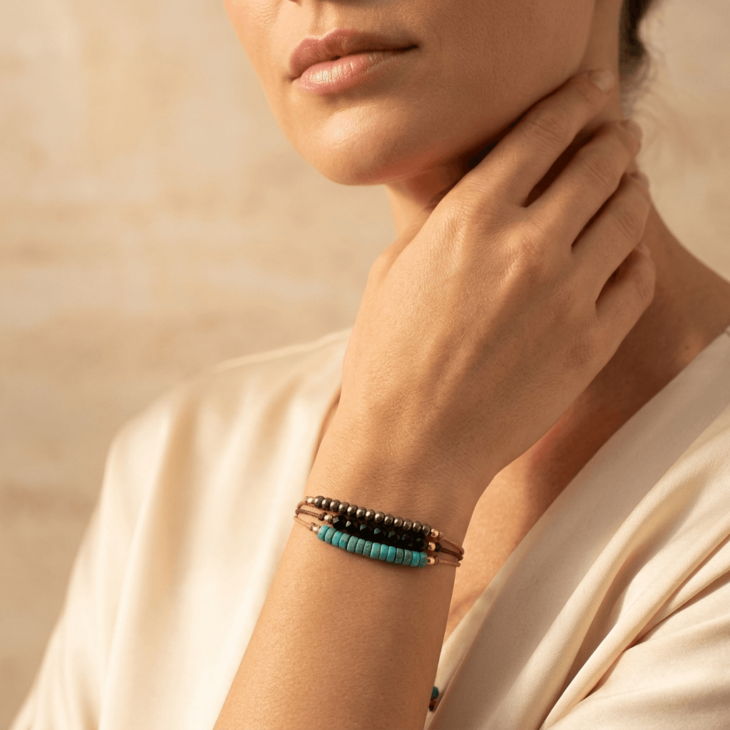 Natural Pyrite Onyx Turquoise Beaded Wrap Bracelet