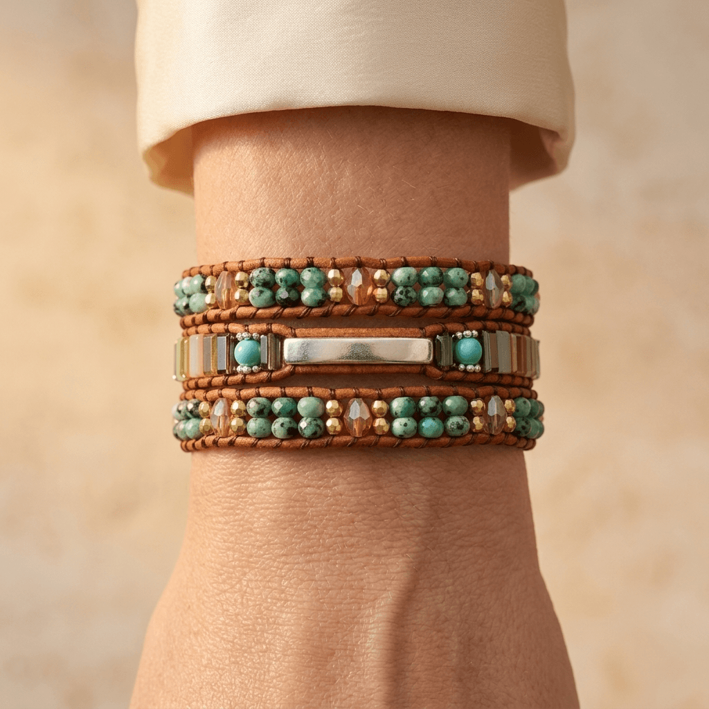 Natural Jade Beads Leather Wrap Bracelet