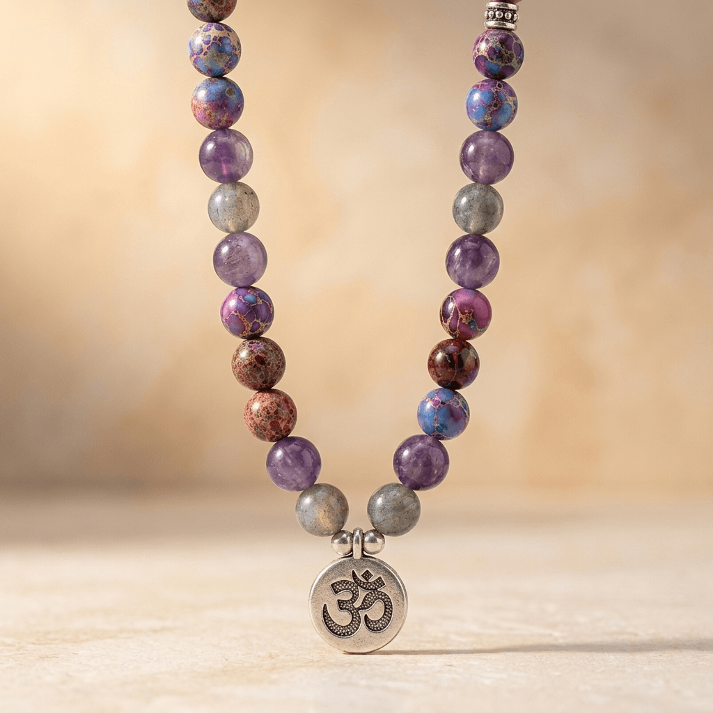 Purple Jasper Labradorite Om Symbol Mala Necklace