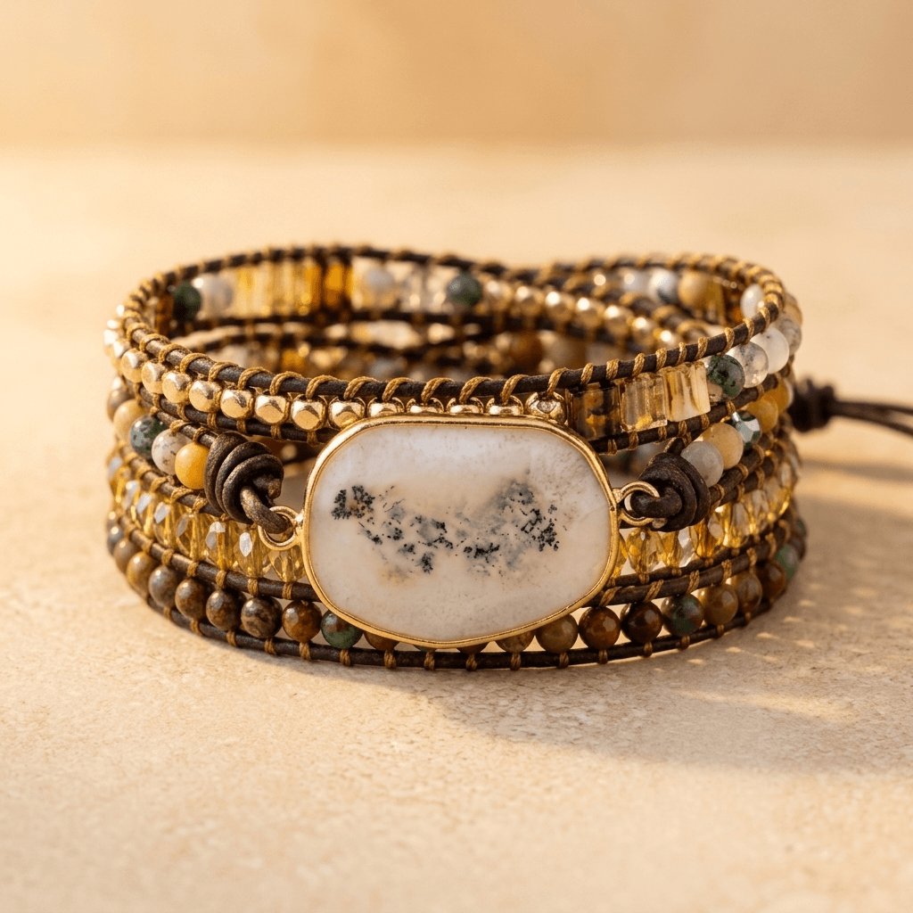 Natural Agate Gold Wrapped Beaded Bracelet