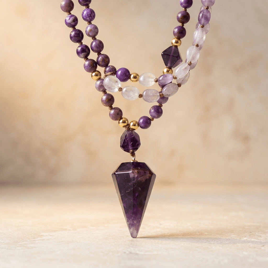 Amethyst Purple Jasper Gold Beaded Necklace