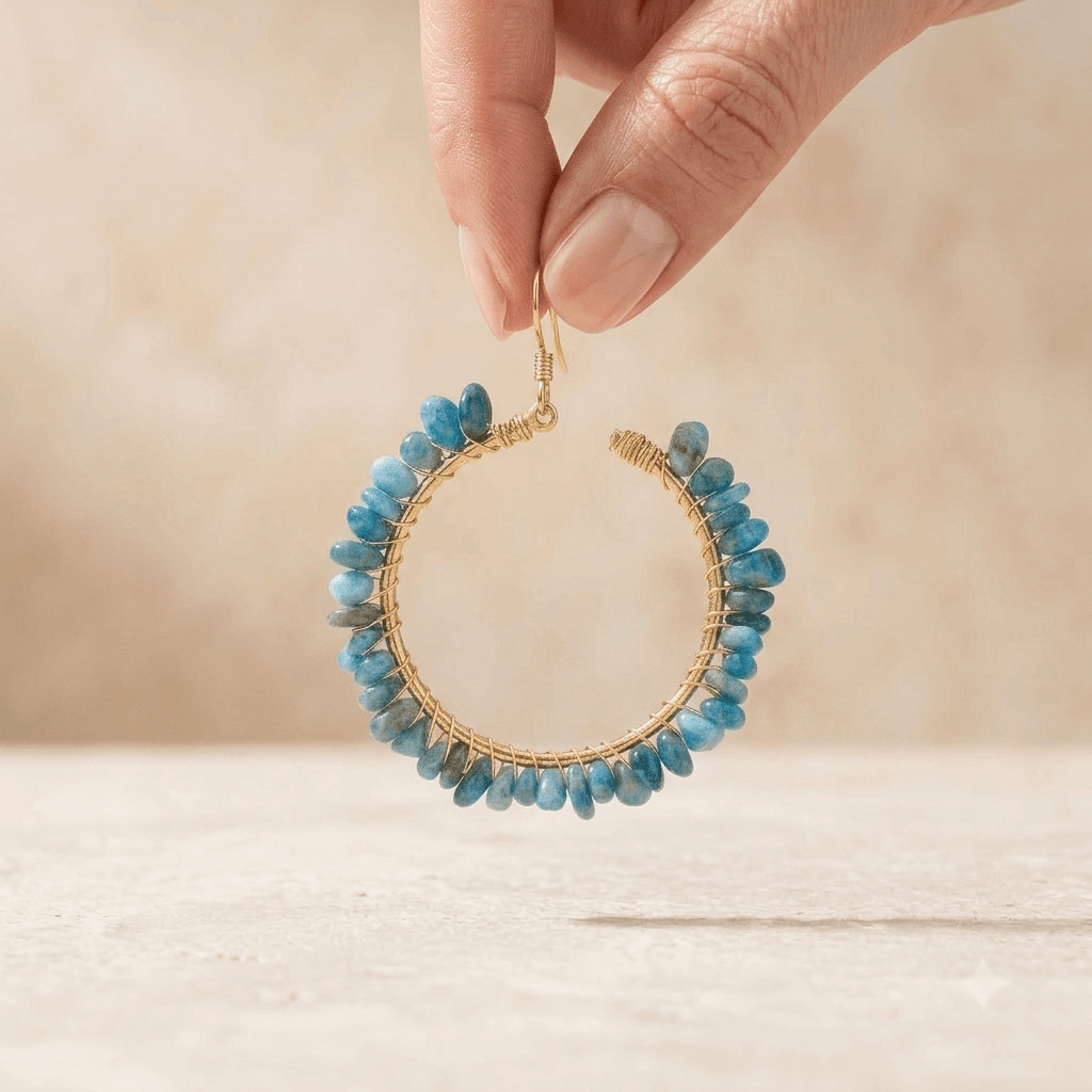 Blue Apatite Gold Wire Hoop Earrings