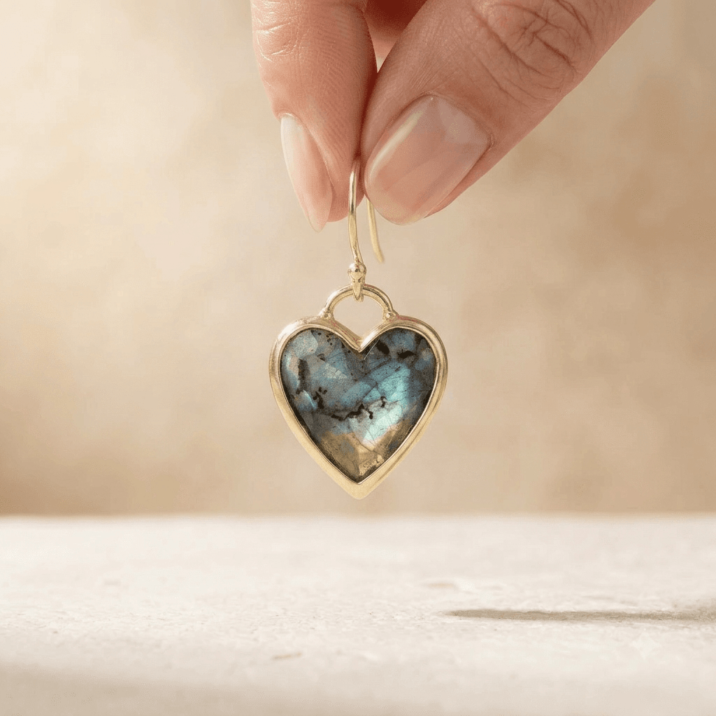 Labradorite Gold Heart Drop Earrings