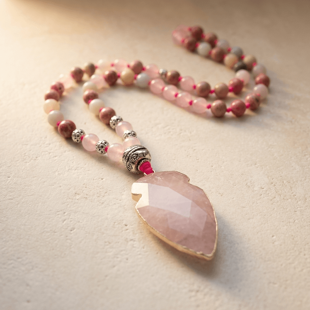 Natural Rose Quartz Arrowhead Beaded Necklace