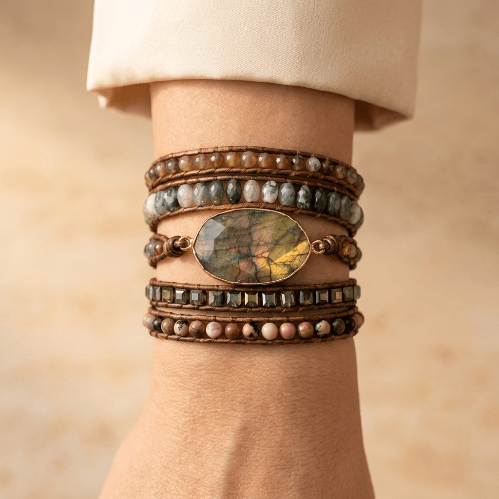 Natural Labradorite Leather Wrap Beaded Bracelet
