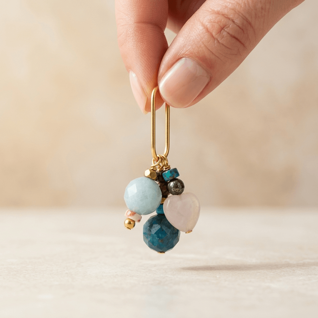 Gemstone Beaded Gold Oval Drop Earrings