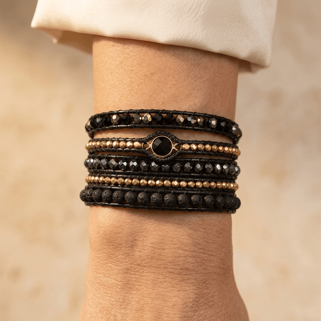 Black Lava Stone Hematite Wrap Bracelet
