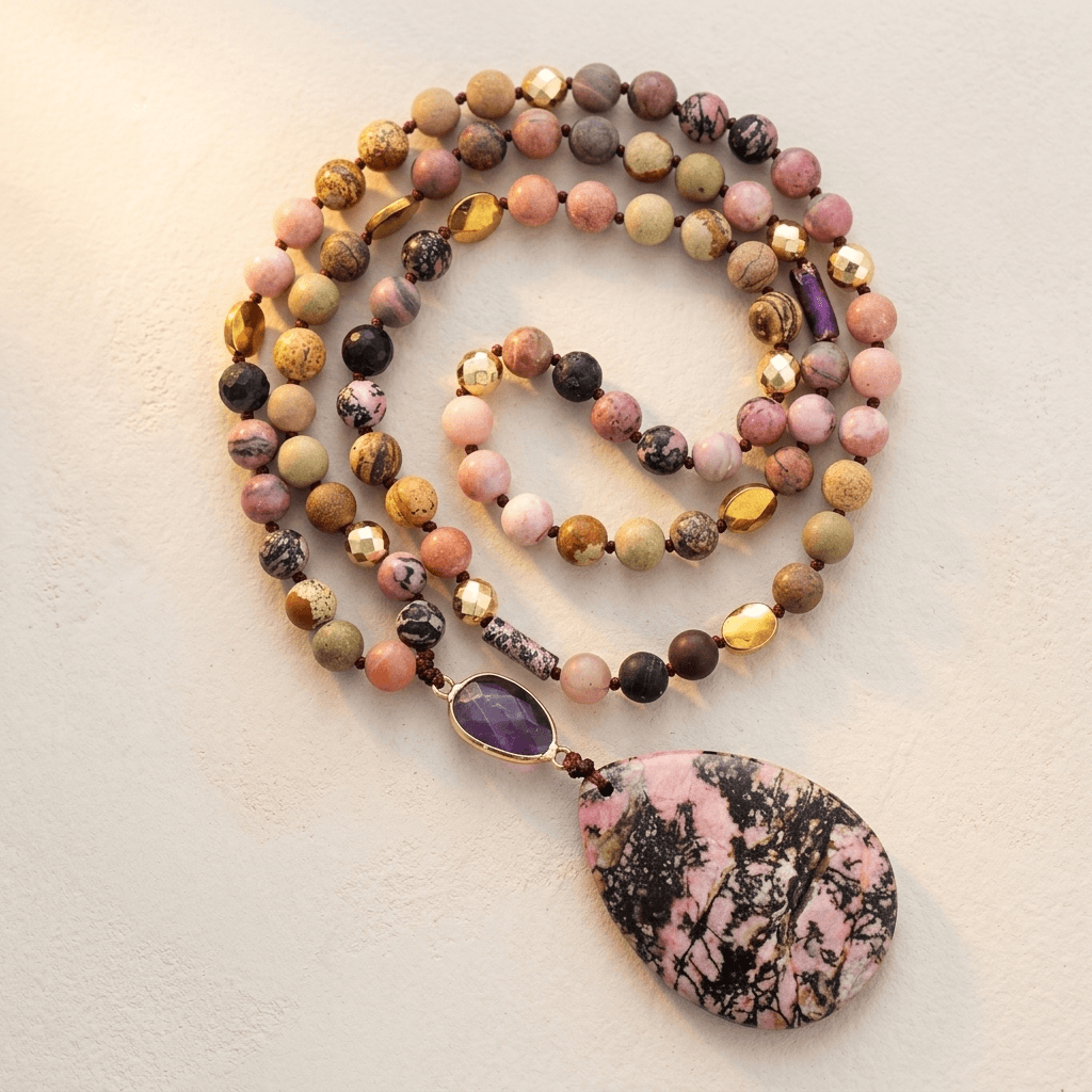 Natural Rhodonite Jasper Teardrop Pendant Necklace
