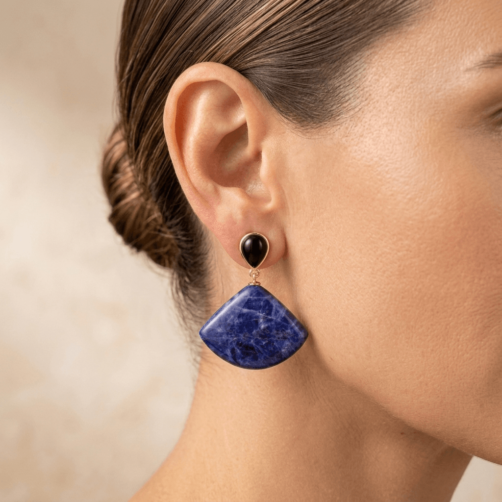 Blue Sodalite Gold Diamond Drop Earrings