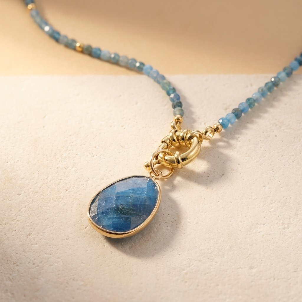 Gold Blue Apatite Teardrop Pendant Necklace