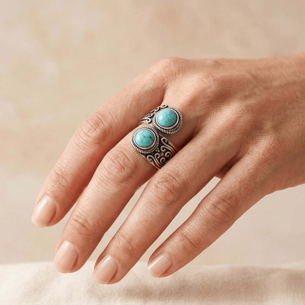 Turquoise Antique Silver Double Stone Ring