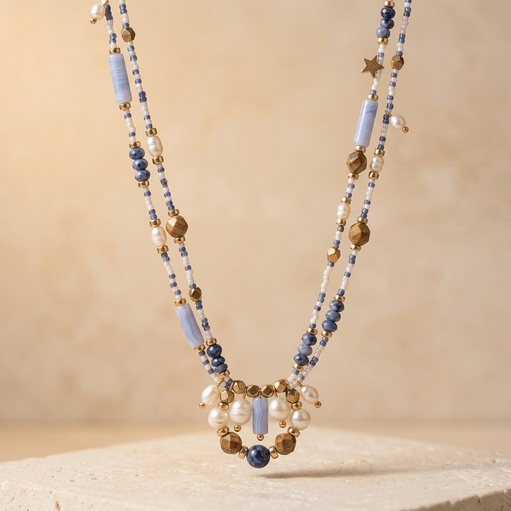 Blue Sodalite Pearl Gold Beaded Necklace