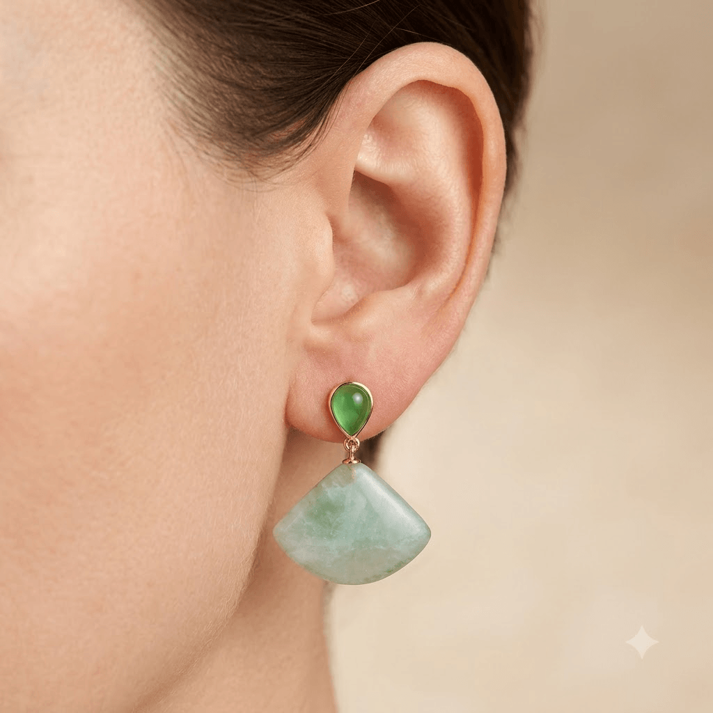 Green Jade Gold Fan Drop Earrings