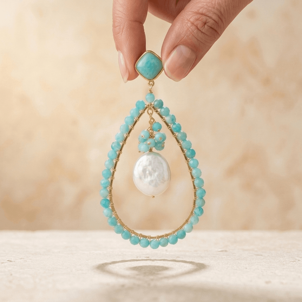 Turquoise Amazonite Gold Teardrop Pearl Earrings